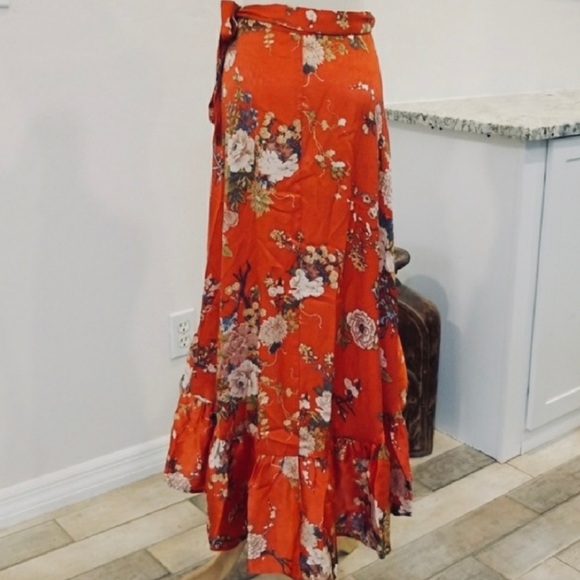 Jealous Tomato Floral Print Ruffle Hi Low Wrap Maxi Skirt Red Bohemian Gypsy S - Picture 5 of 6
